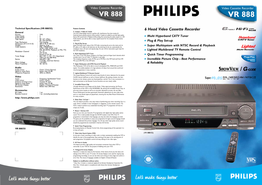 Philips technical specifications Technical Specifications VR 888/55 General, Audio, Video, Accessories 