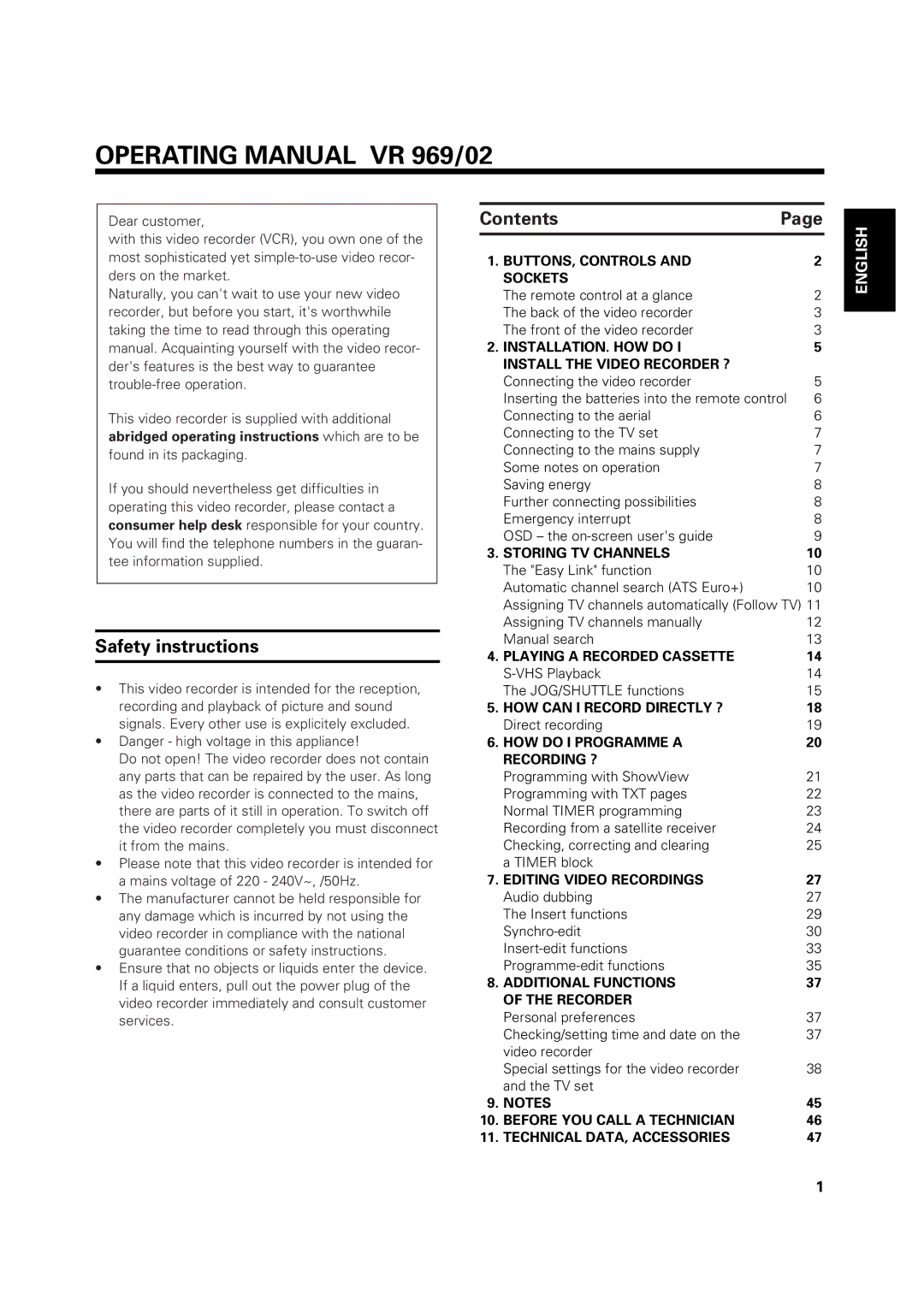 Philips operating instructions Operating Manual VR 969/02, Safety instructions, Contents 