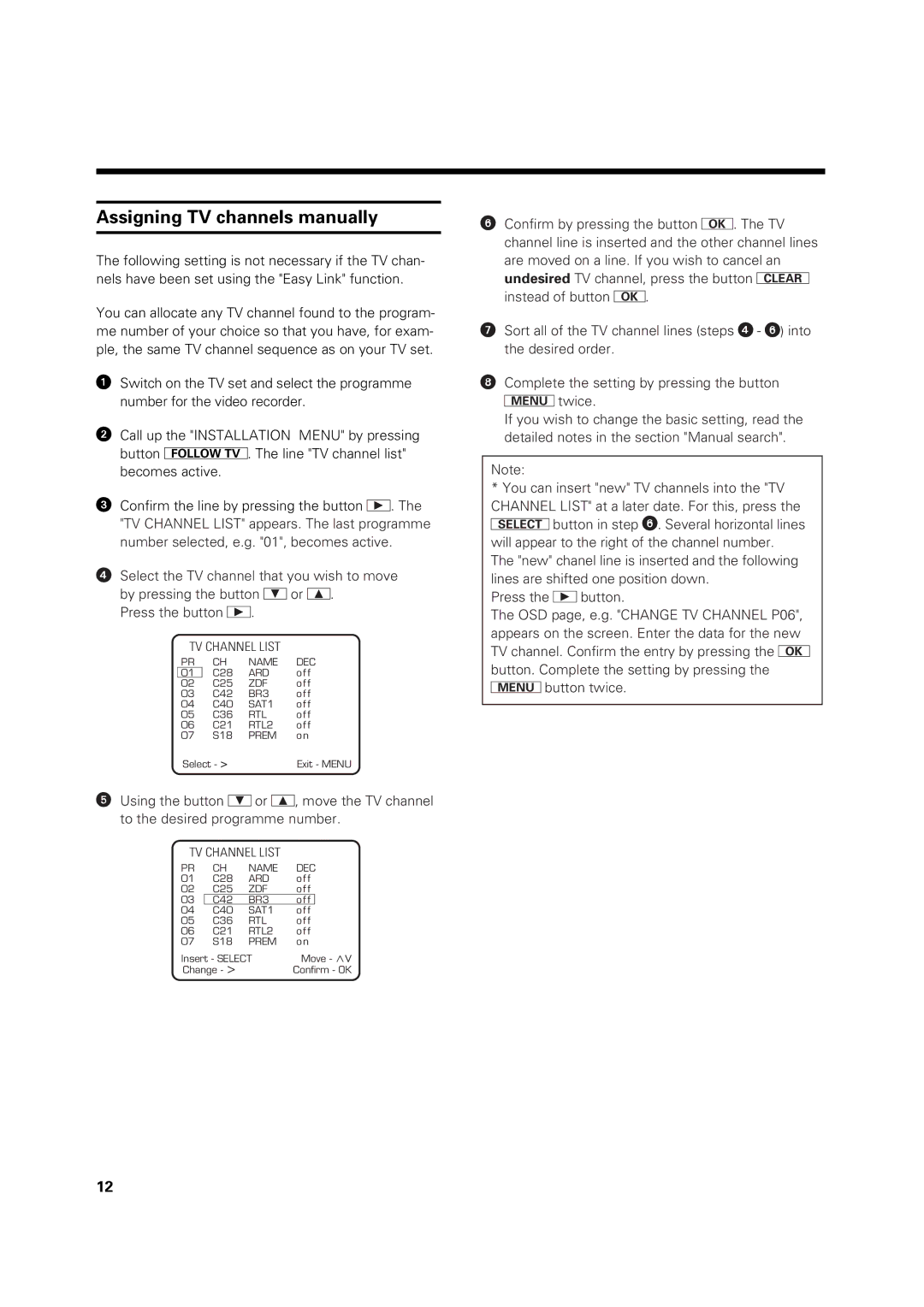 Philips VR 969/02 operating instructions Assigning TV channels manually 