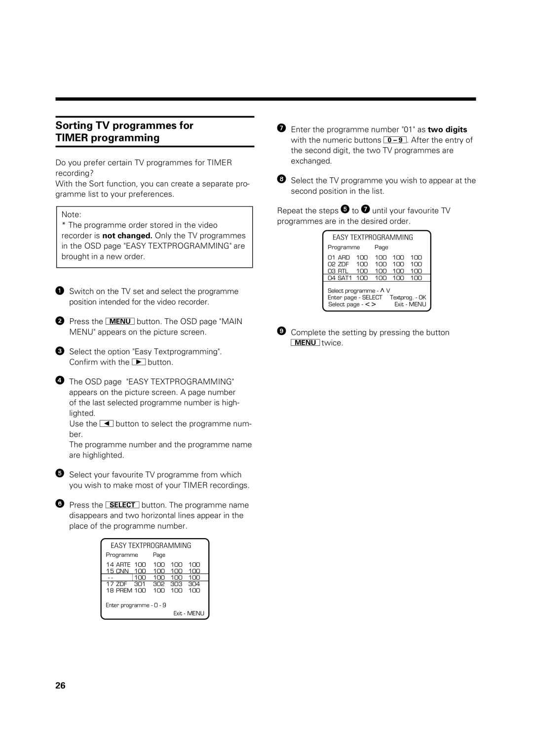 Philips VR 969/02 operating instructions Sorting TV programmes for Timer programming 