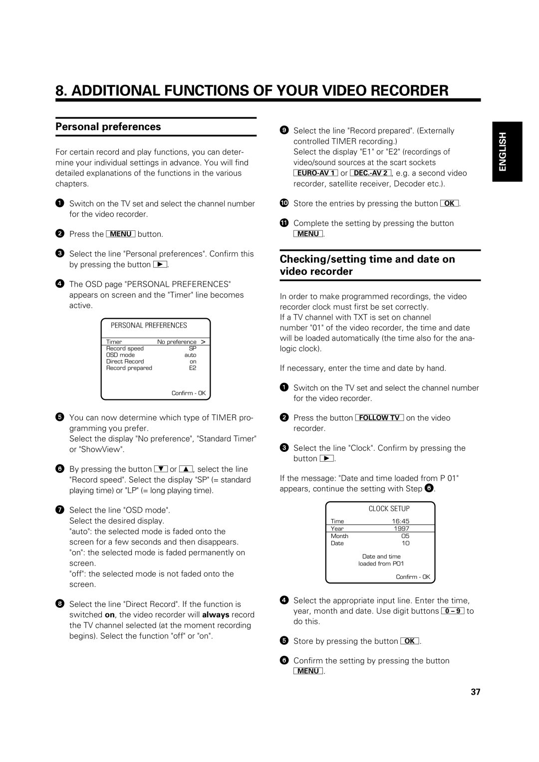 Philips VR 969/02 operating instructions Additional Functions of Your Video Recorder, Personal preferences 