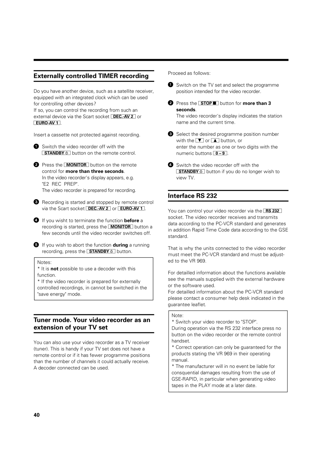 Philips VR 969/02 operating instructions Externally controlled Timer recording, Interface RS 