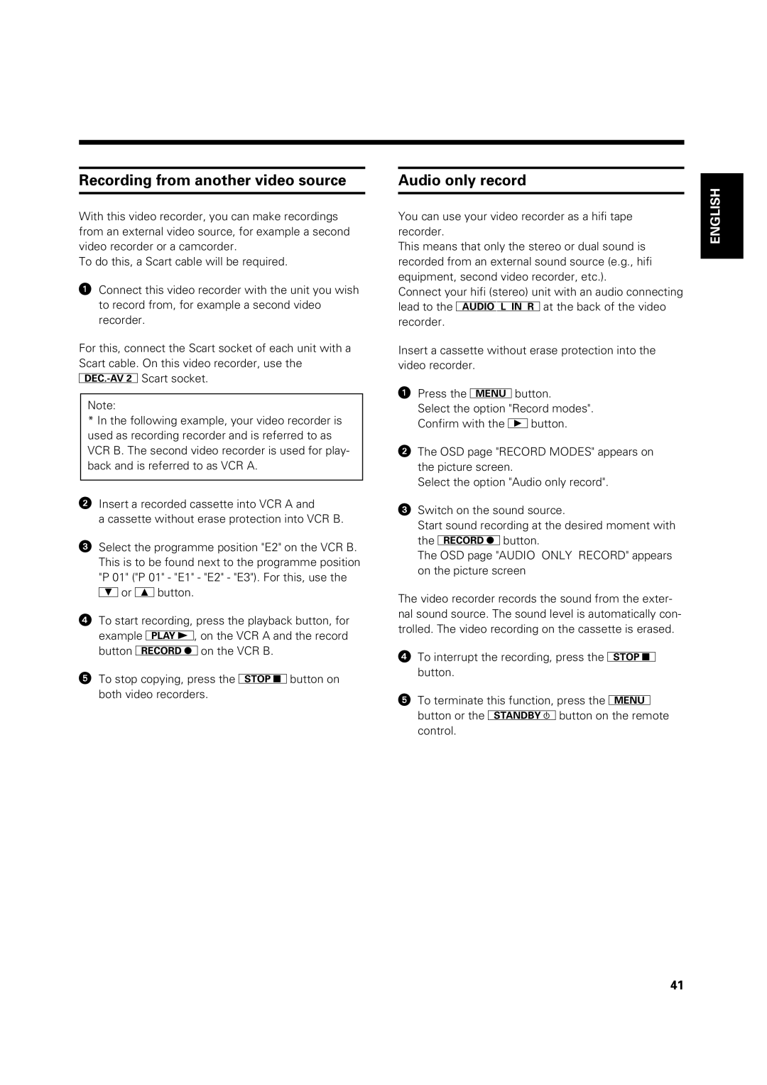 Philips VR 969/02 operating instructions Recording from another video source, Audio only record 