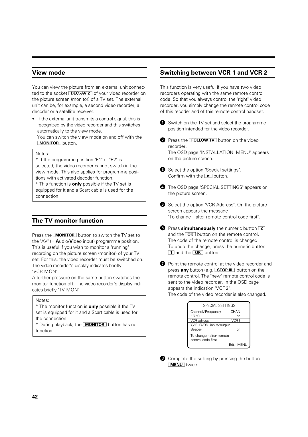 Philips VR 969/02 operating instructions View mode, TV monitor function, Switching between VCR 1 and VCR 