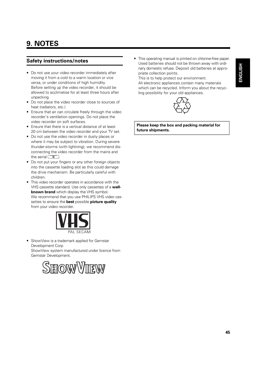 Philips VR 969/02 operating instructions Safety instructions/notes, PAL Secam 