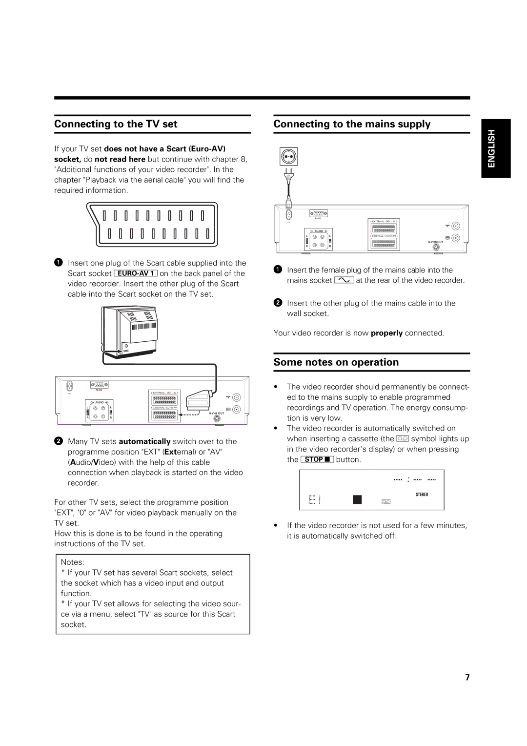 Philips VR 969/02 operating instructions Connecting to the TV set, Connecting to the mains supply, Some notes on operation 