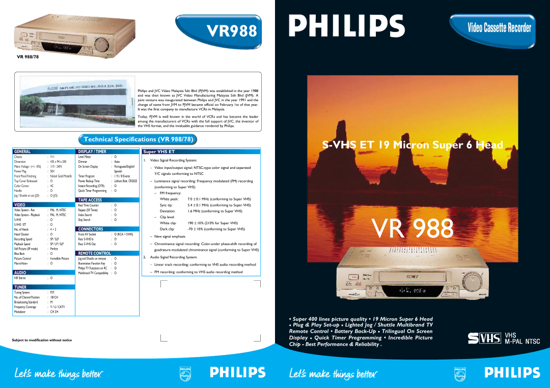 Philips VR 978 technical specifications General, Video, Audio, Tuner, Display / Timer, Tape Access, Connectors 