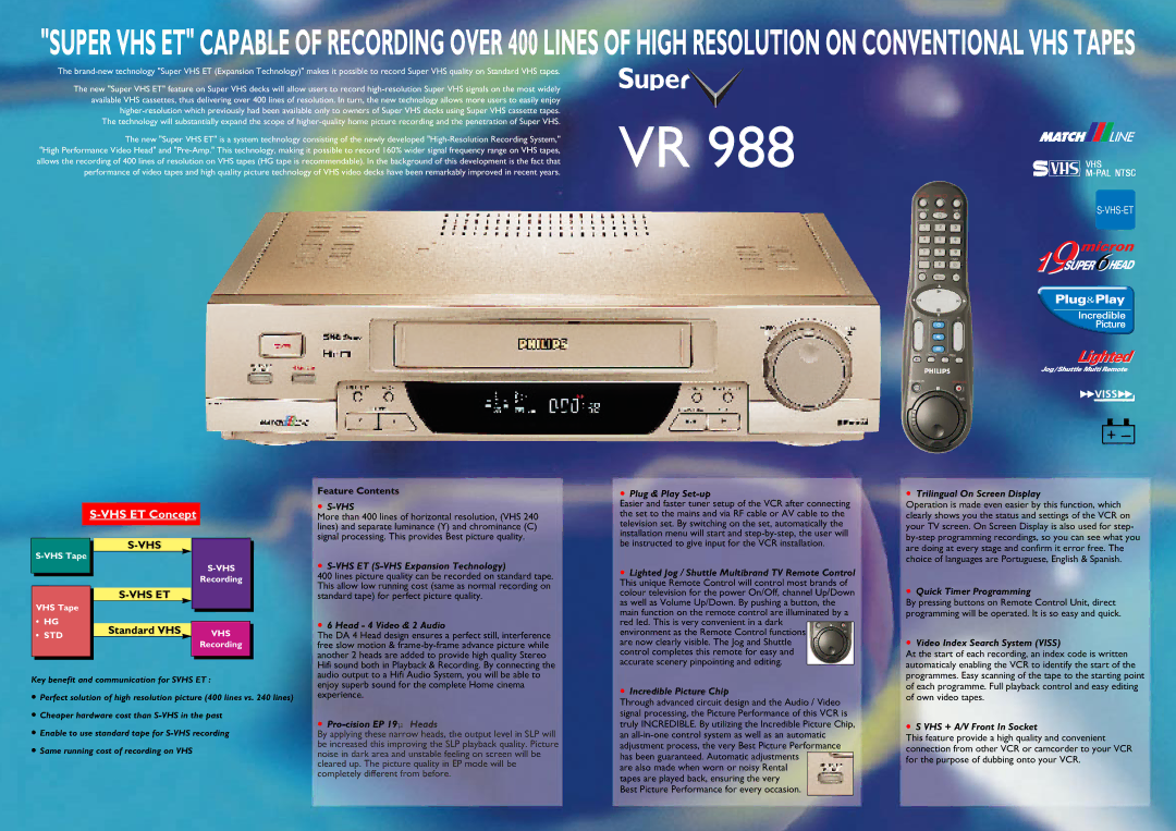 Philips VR 978 Plug & Play Set-up, Trilingual On Screen Display, VHS ET S-VHS Expansion Technology, Head 4 Video & 2 Audio 