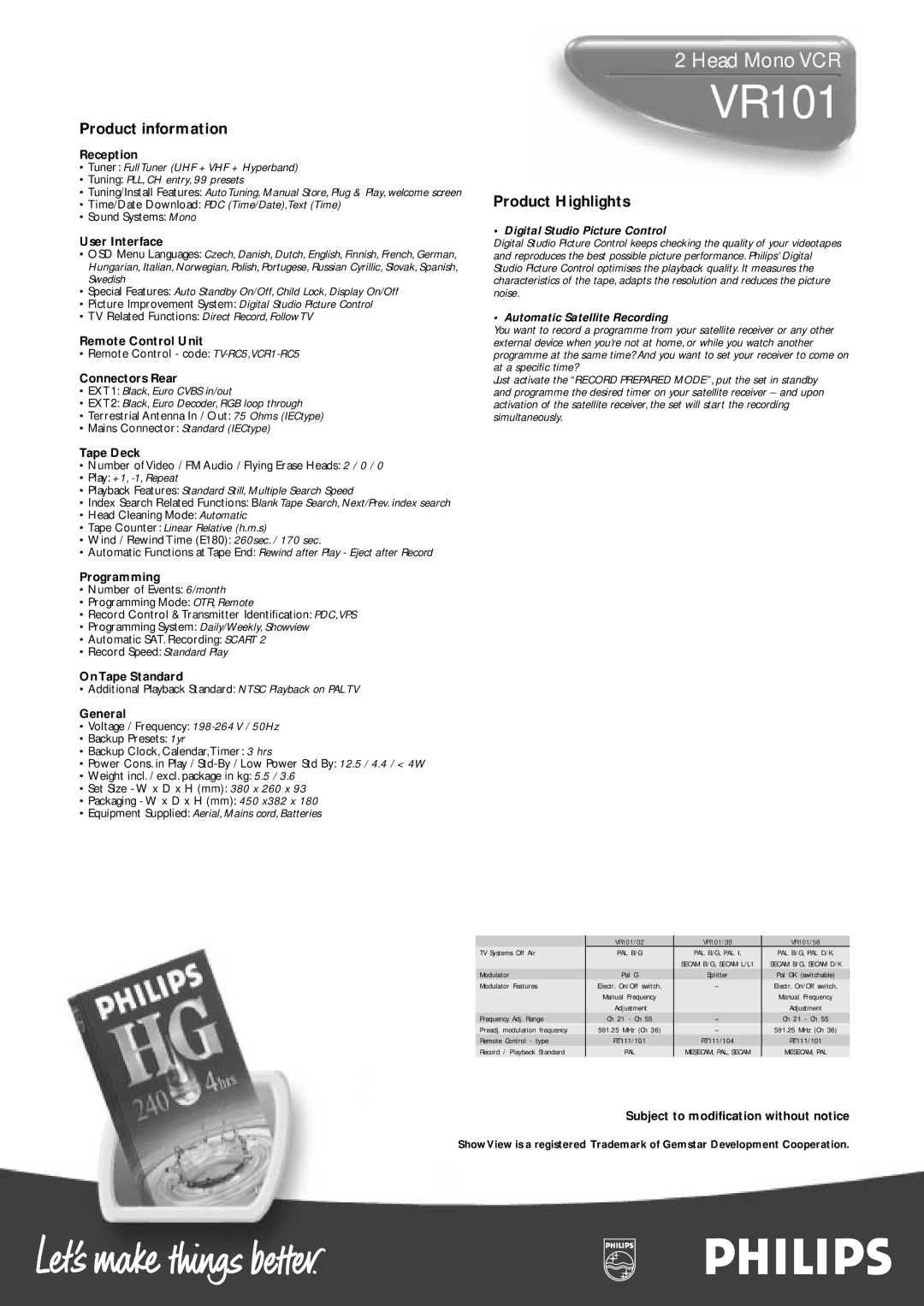 Philips VR101 manual Product information, Product Highlights, Digital Studio Picture Control, Automatic Satellite Recording 