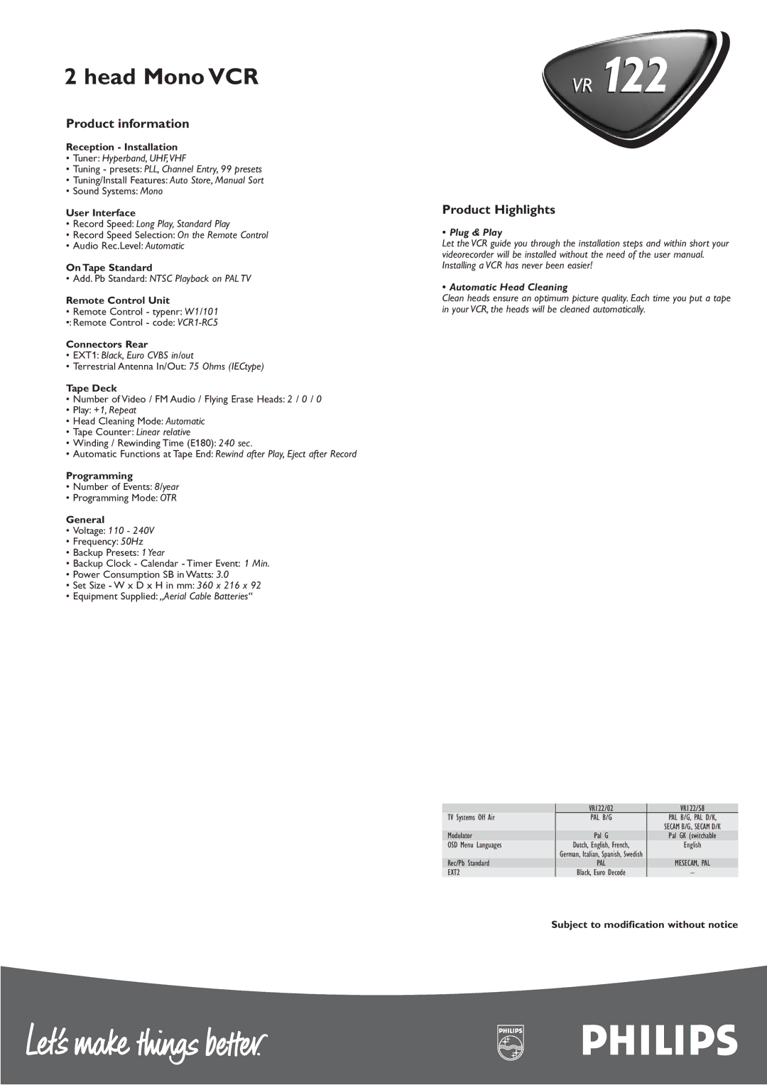 Philips VR122 manual Product information, Product Highlights 