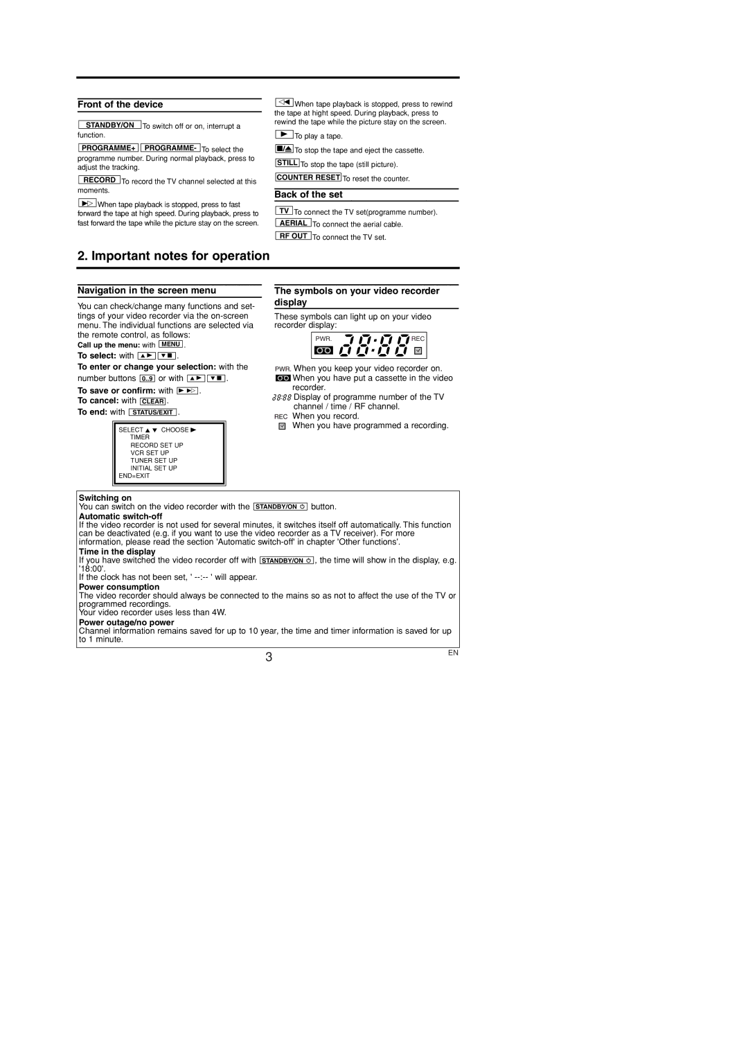 Philips VR130/07 To save or confirm with B To cancel with Clear, Switching on, Automatic switch-off, Time in the display 