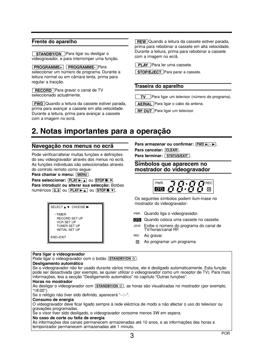 Philips VR140/02 manual Notas importantes para a operação, Navegação nos menus no ecrã 