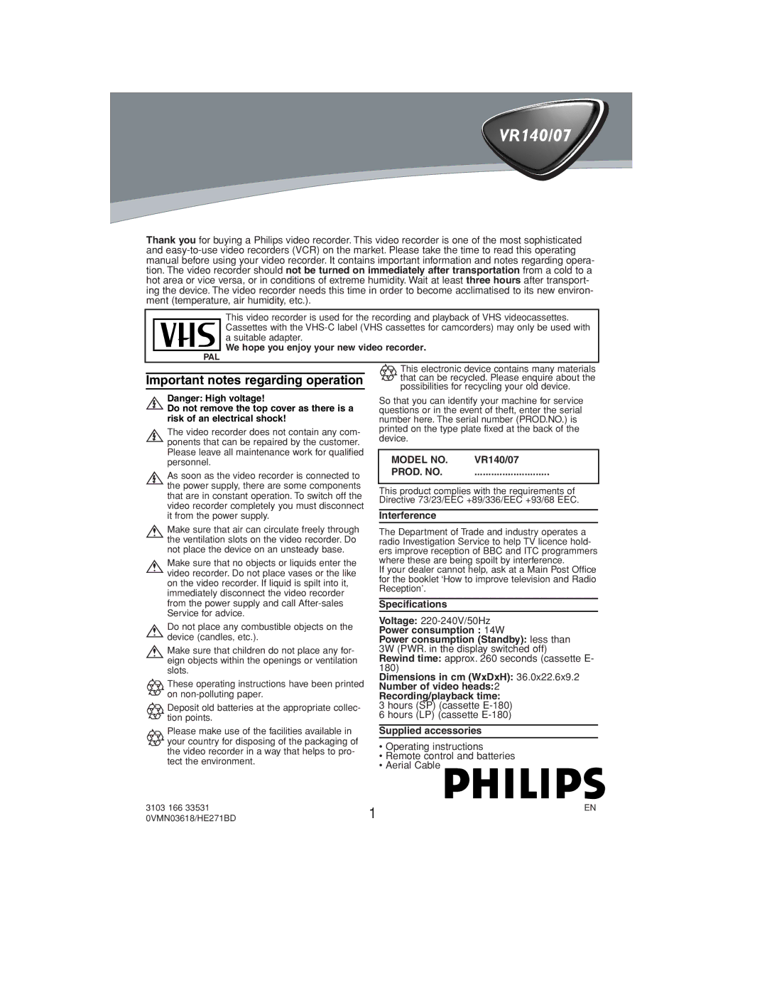 Philips VR140/07 operating instructions Important notes regarding operation, Interference, Specifications 