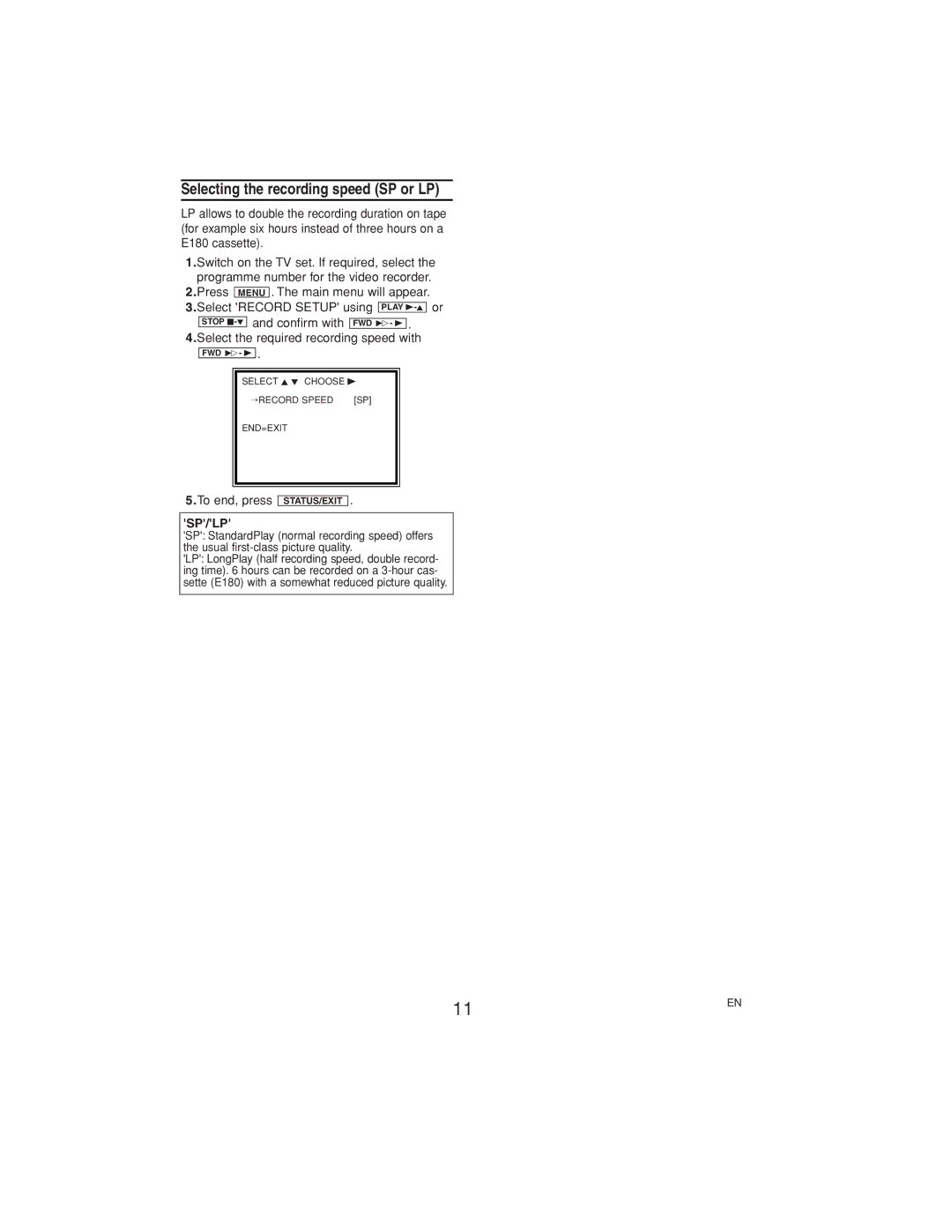 Philips VR140/07 operating instructions Selecting the recording speed SP or LP, Sp/Lp 