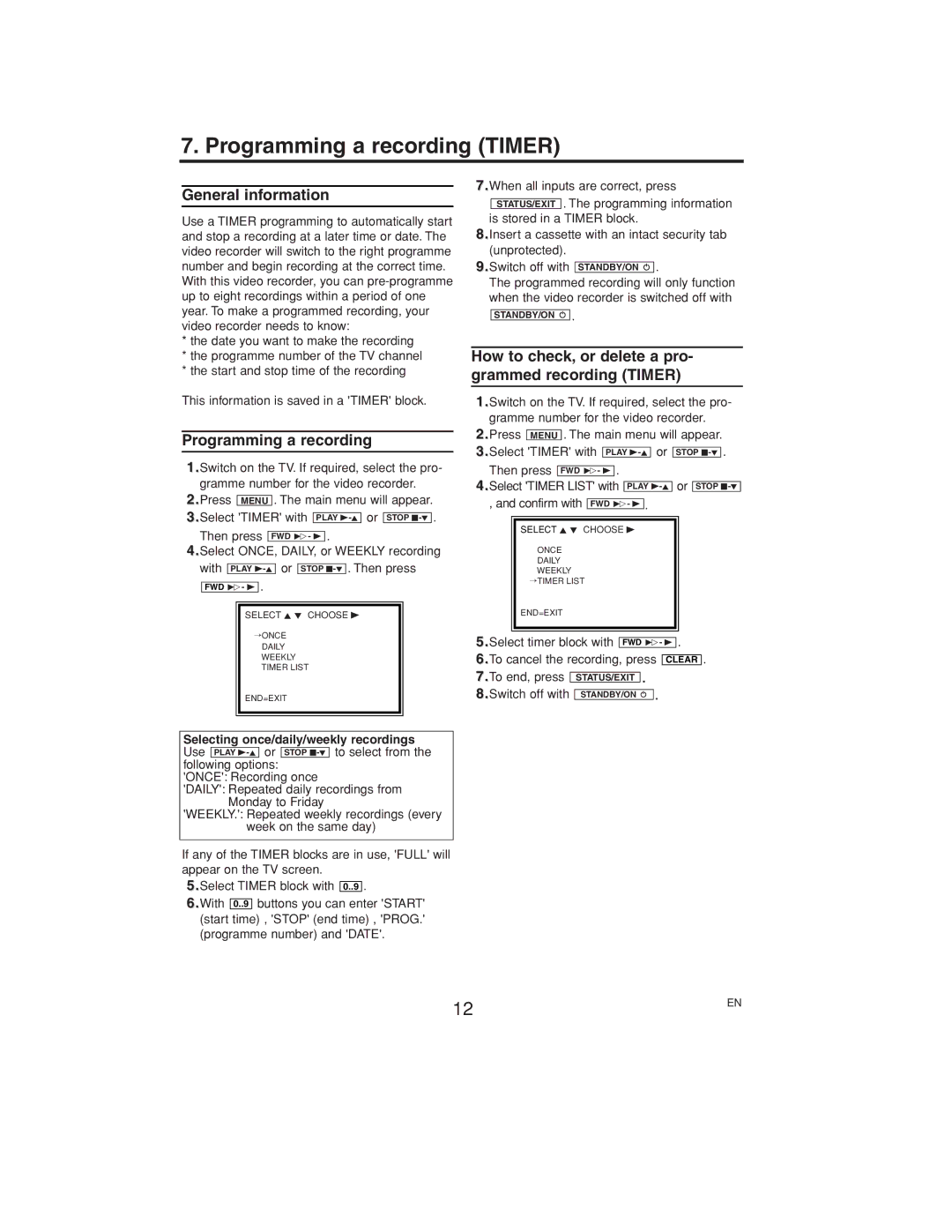 Philips VR140/07 Programming a recording Timer, How to check, or delete a pro- grammed recording Timer, To end, press 