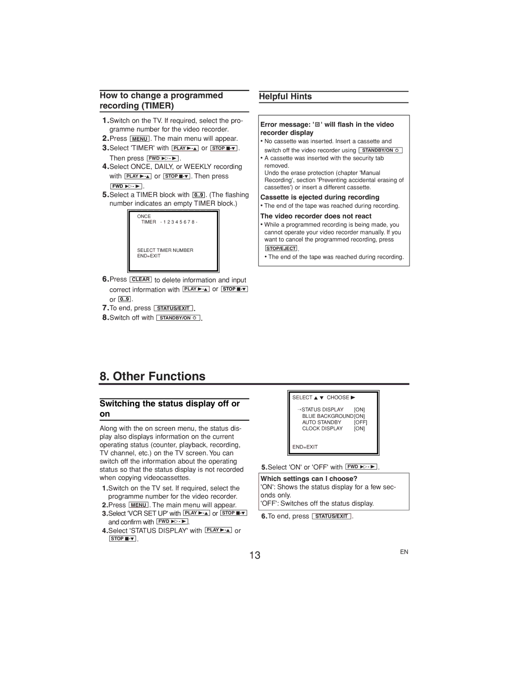 Philips VR140/07 operating instructions Other Functions, How to change a programmed recording Timer, Helpful Hints 