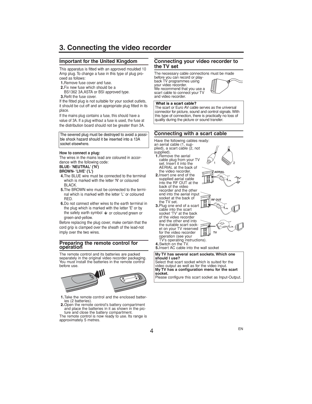 Philips VR140/07 Connecting the video recorder, Important for the United Kingdom, Connecting with a scart cable 