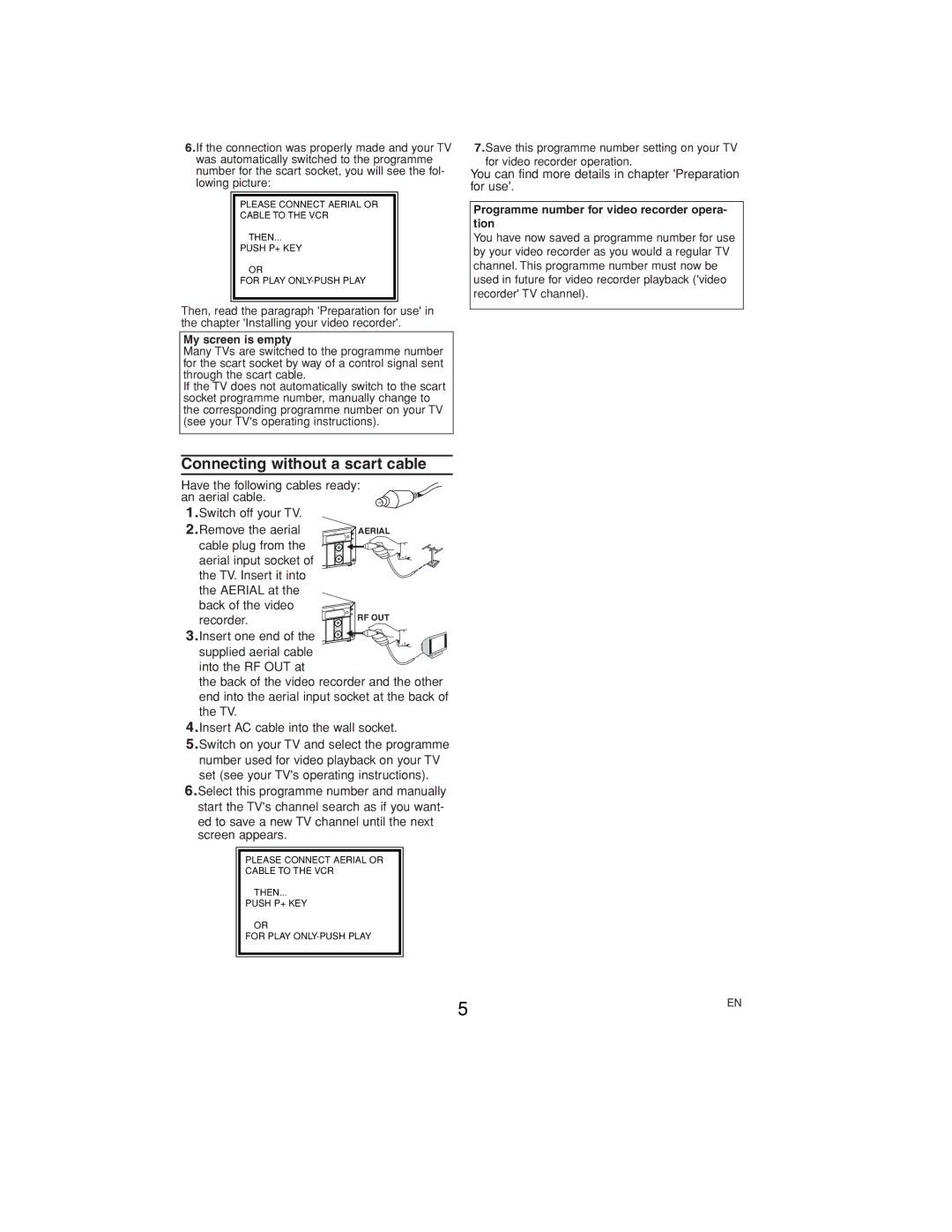 Philips VR140/07 operating instructions Connecting without a scart cable, My screen is empty 