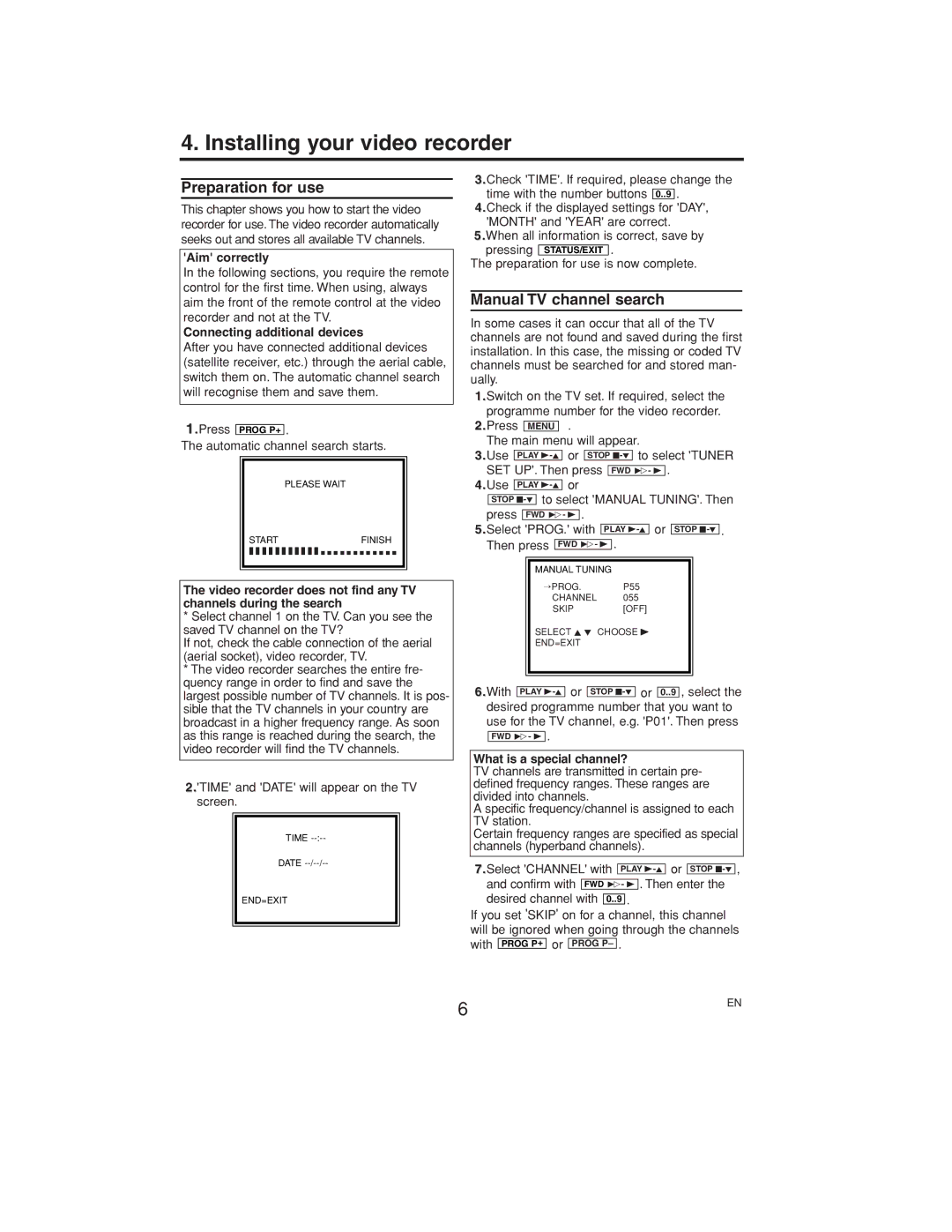 Philips VR140/07 operating instructions Installing your video recorder, Preparation for use, Manual TV channel search 