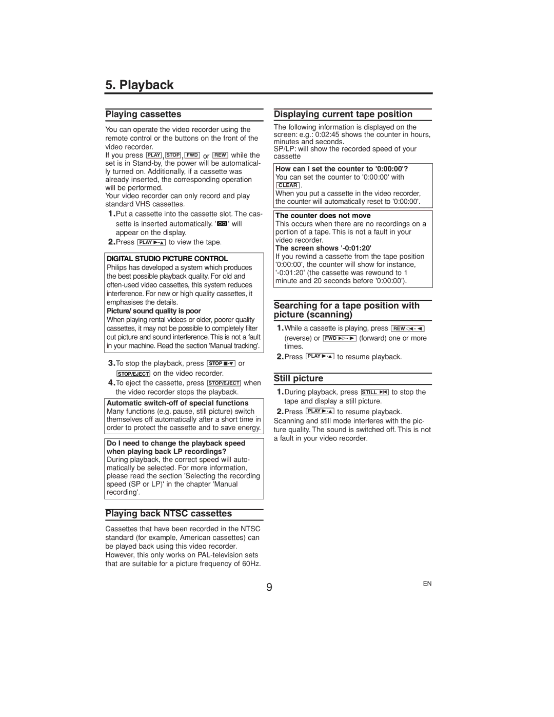 Philips VR140/07 operating instructions Playback 