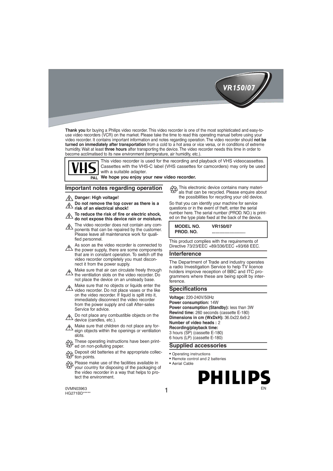 Philips VR150/07 specifications Important notes regarding operation, Interference, Specifications, Supplied accessories 