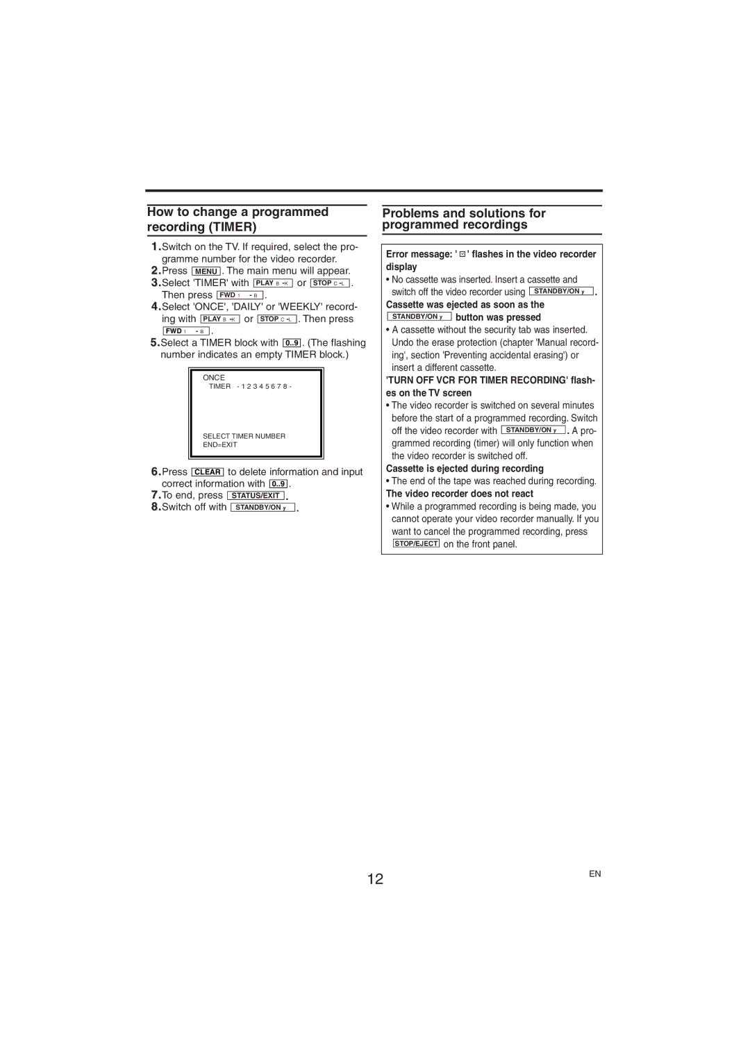 Philips VR150/07 How to change a programmed recording Timer, Problems and solutions for programmed recordings 