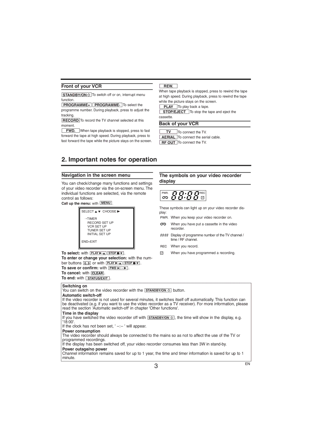 Philips VR150/07 specifications Ber buttons, Switching on, Automatic switch-off, Time in the display, Power consumption 