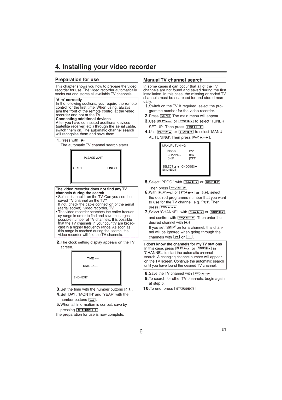 Philips VR150/07 specifications Installing your video recorder, Preparation for use, Manual TV channel search 