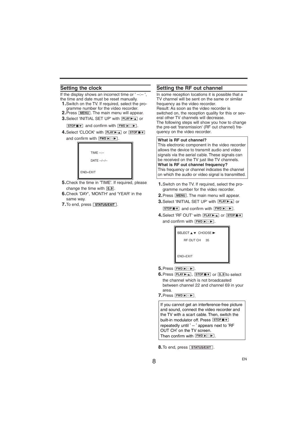 Philips VR150/07 specifications Setting the clock, Setting the RF out channel 