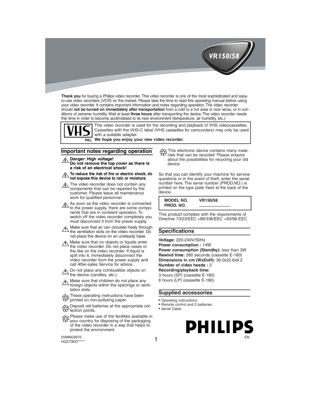 Philips VR150/58 specifications Important notes regarding operation, Specifications, Supplied accessories 