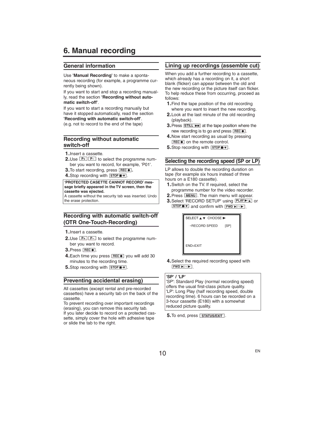 Philips VR150/58 specifications Manual recording 