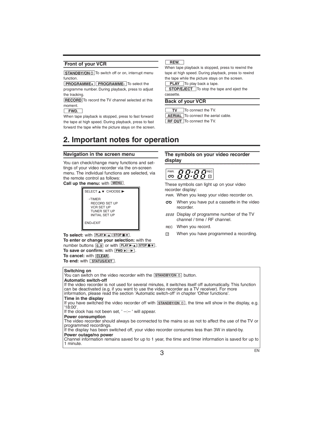 Philips VR150/58 specifications Important notes for operation 