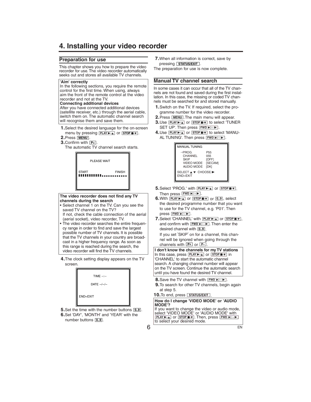 Philips VR150/58 specifications Installing your video recorder, Preparation for use, Manual TV channel search 