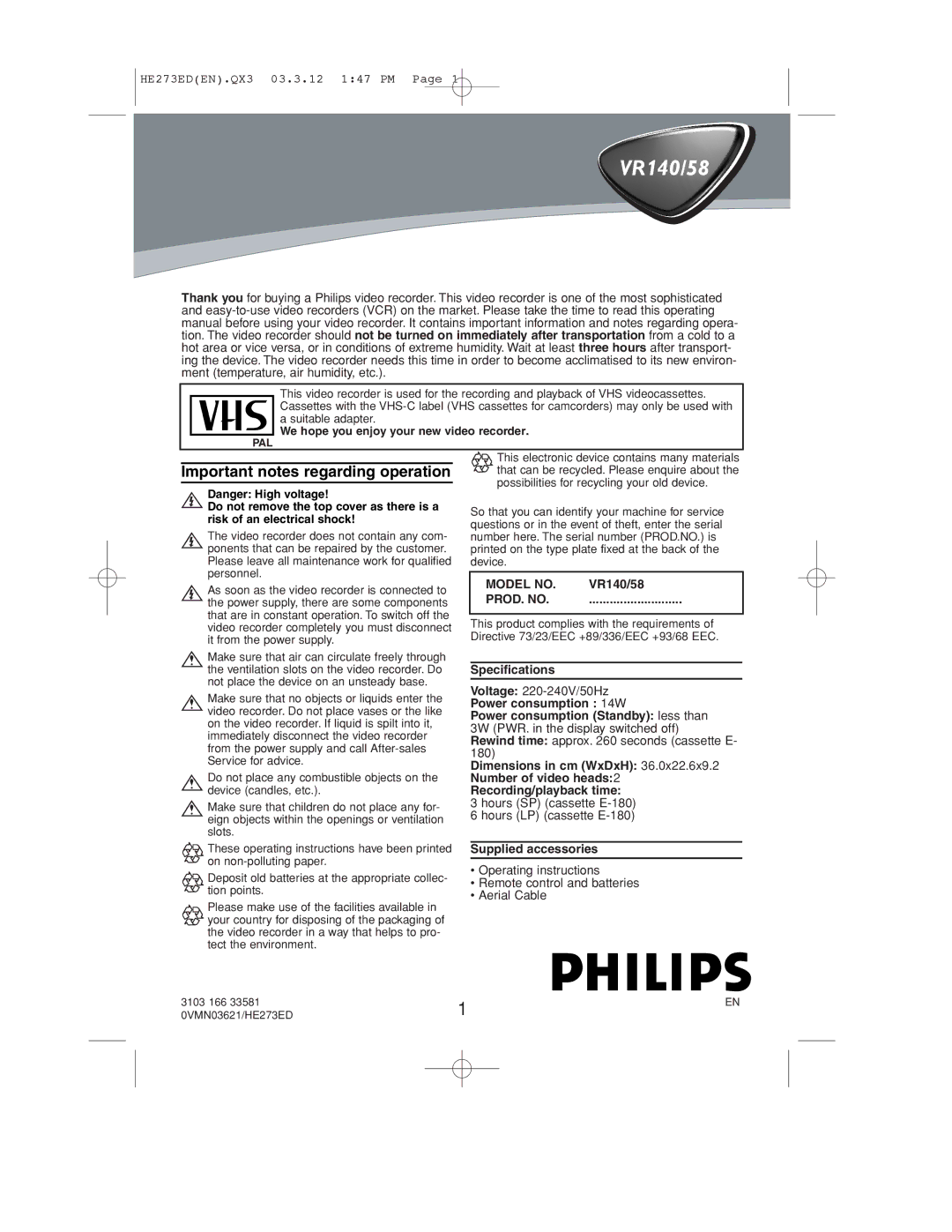 Philips VR158 operating instructions Important notes regarding operation, VR140/58, Specifications, Supplied accessories 