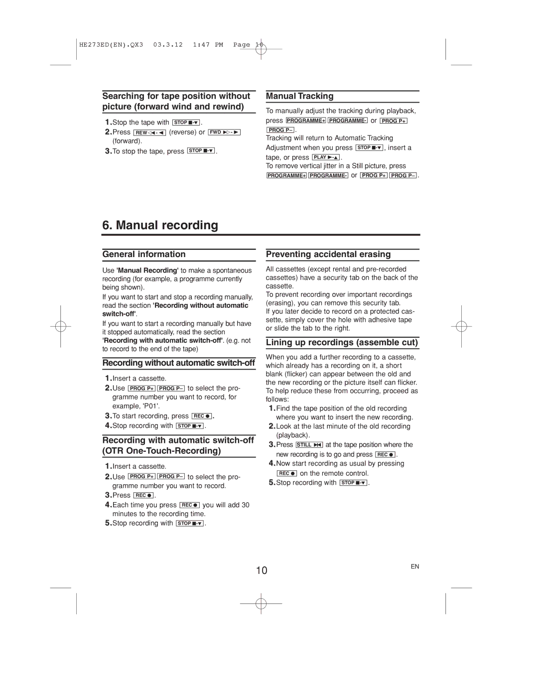 Philips VR158 operating instructions Manual recording 