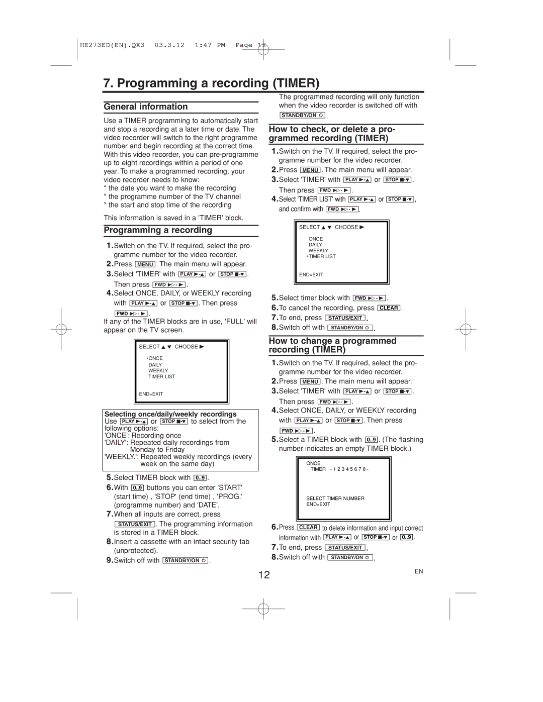 Philips VR158 Programming a recording Timer, How to check, or delete a pro- grammed recording Timer, To end, press 