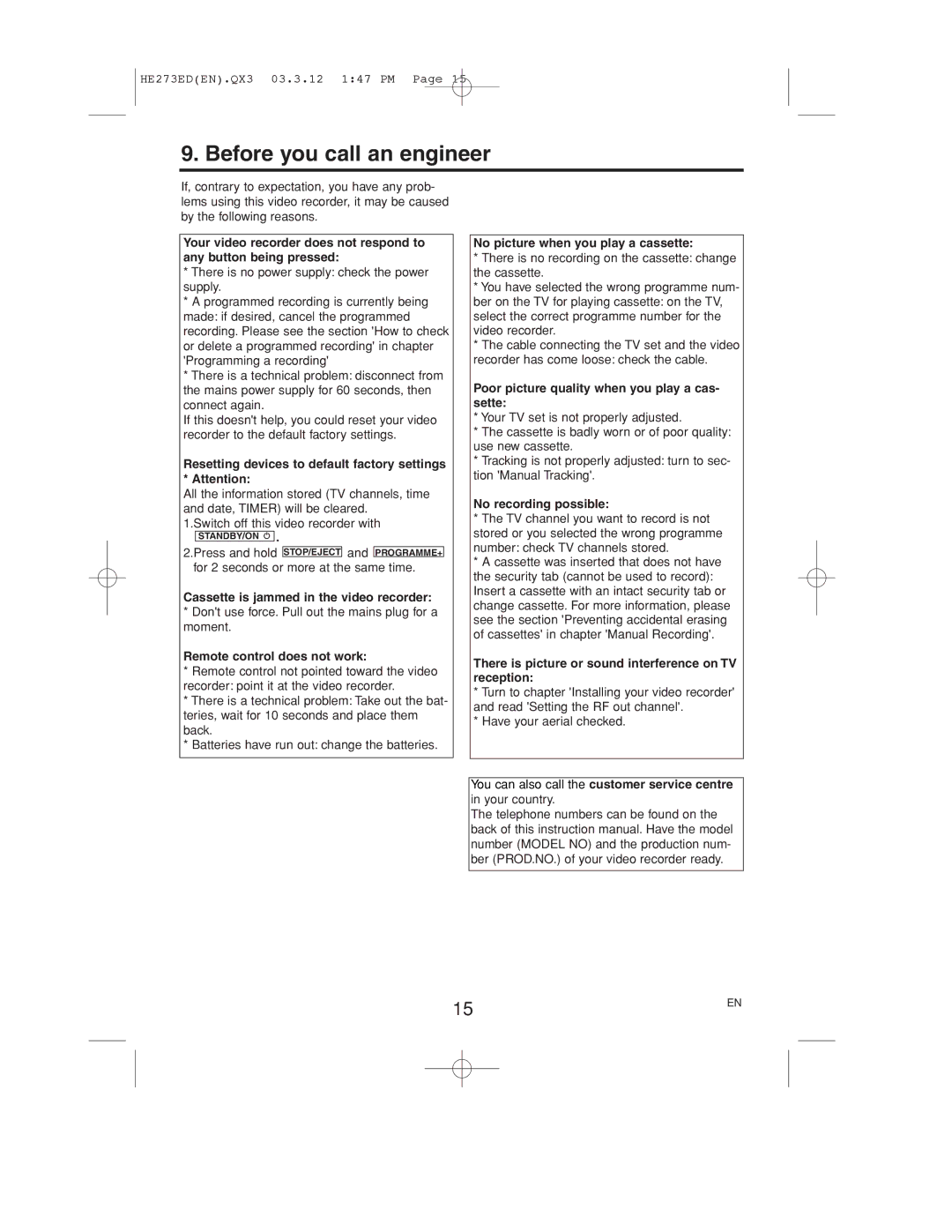 Philips VR158 operating instructions Before you call an engineer 