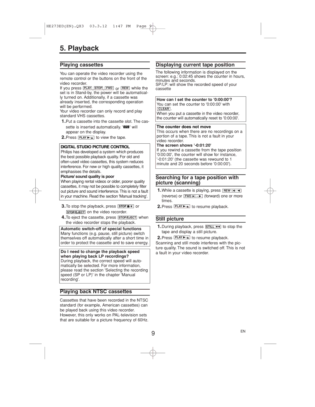 Philips VR158 operating instructions Playback 