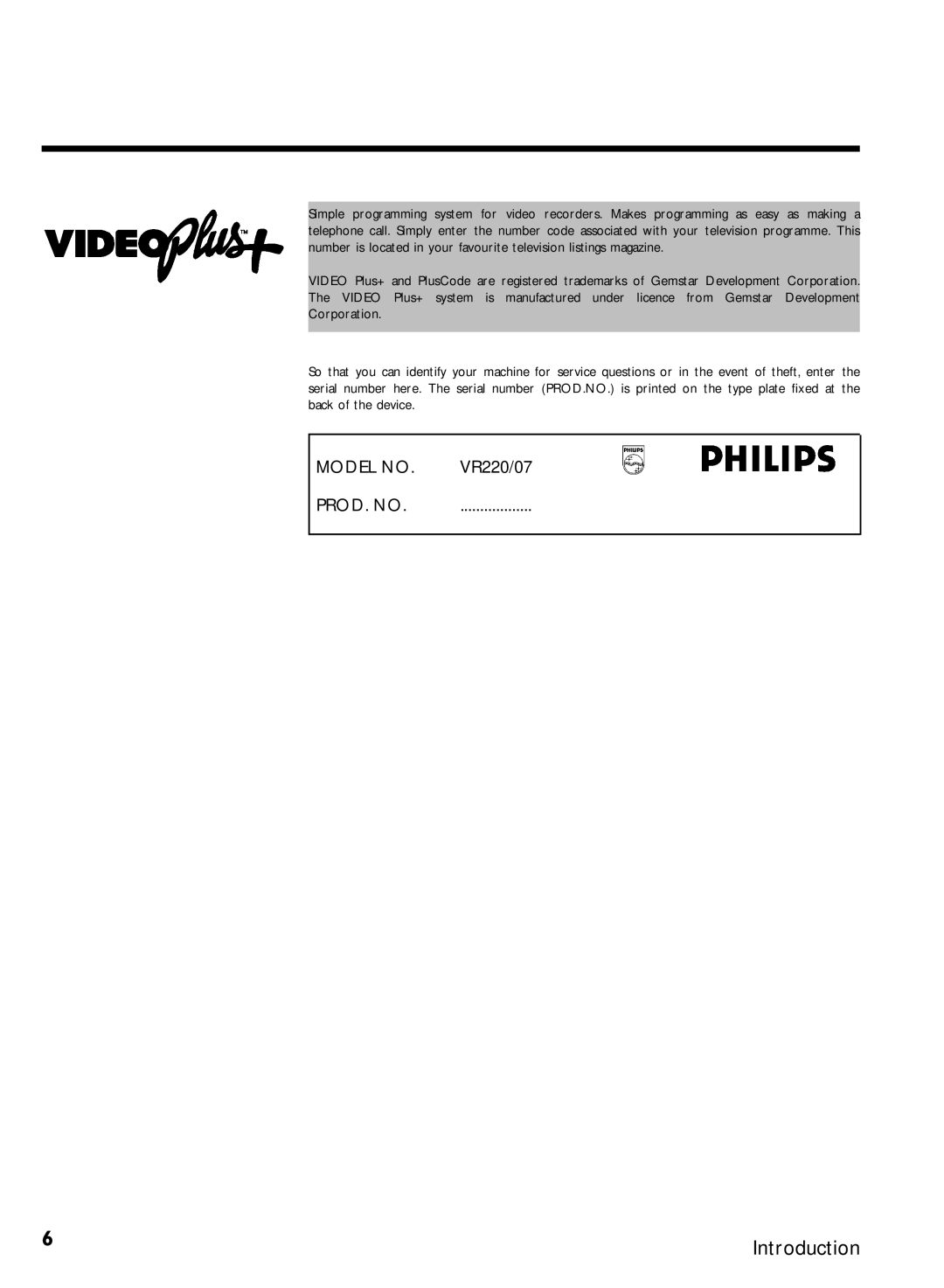 Philips VR220/07 specifications Model no 