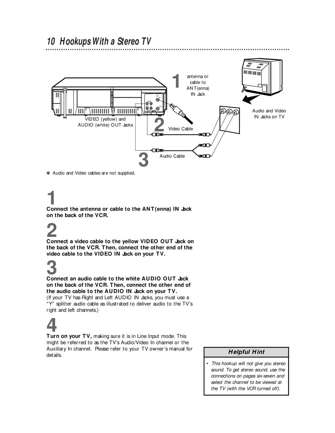 Philips VR220CAT owner manual Hookups With a Stereo TV 