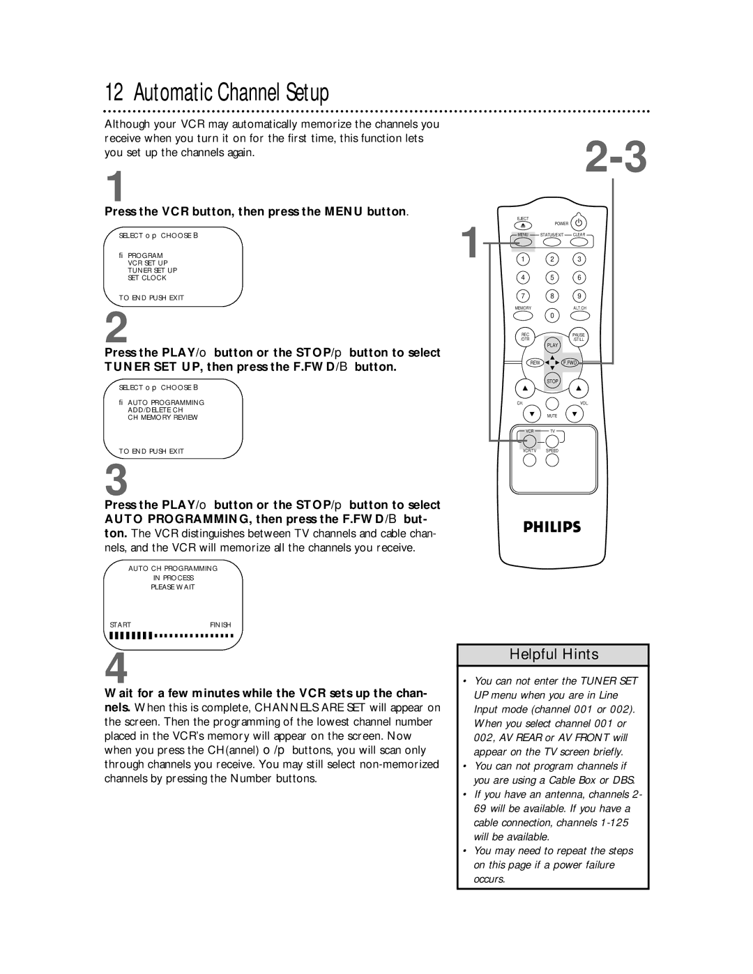 Philips VR220CAT owner manual Automatic Channel Setup, Press the VCR button, then press the Menu button 