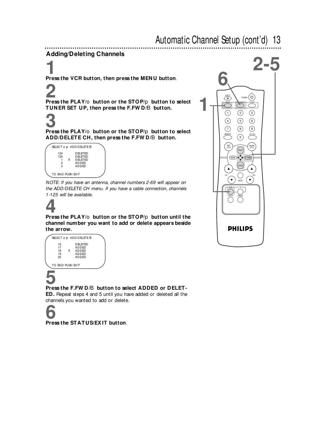 Philips VR220CAT owner manual Automatic Channel Setup cont’d, Adding/Deleting Channels 