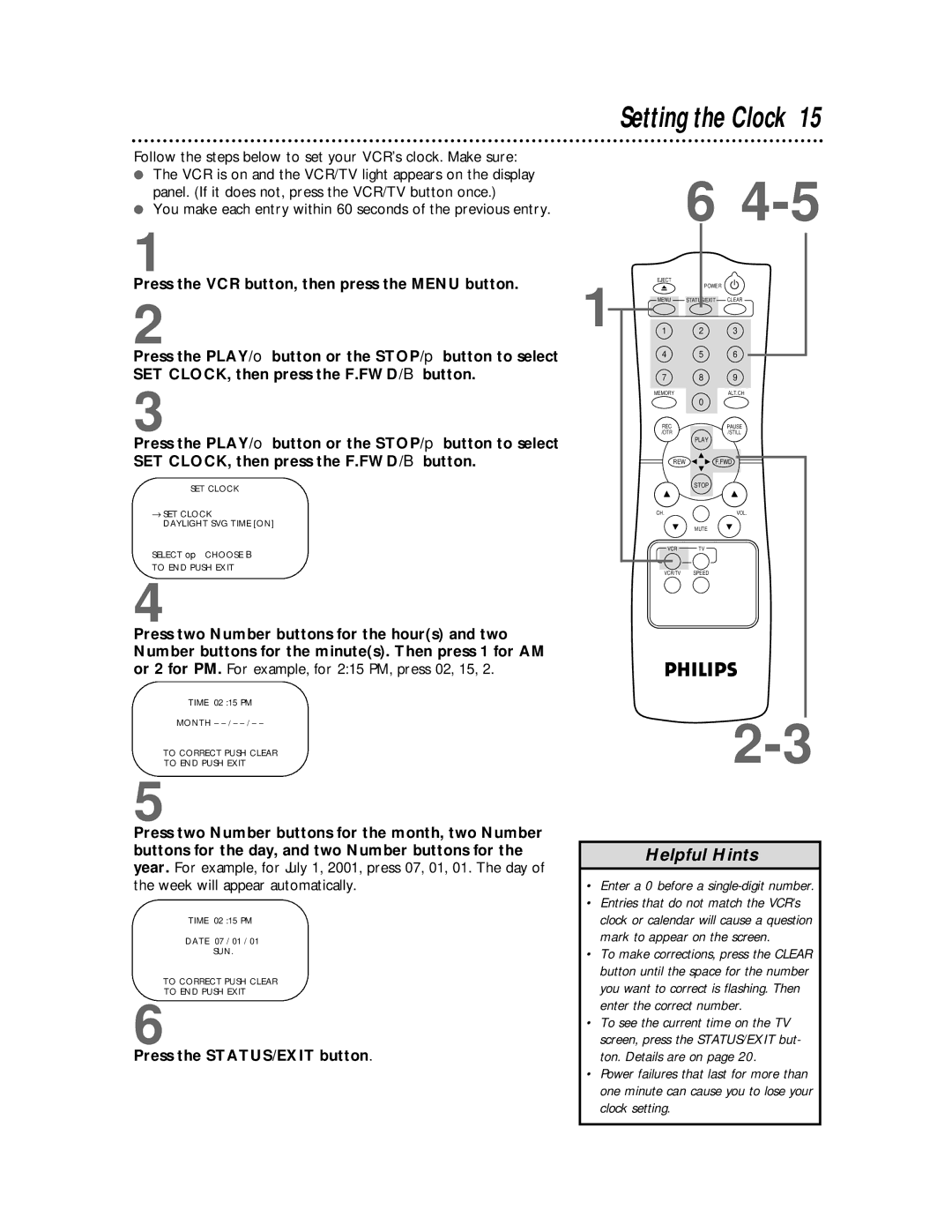 Philips VR220CAT owner manual Setting the Clock, Follow the steps below to set your VCR’s clock. Make sure 