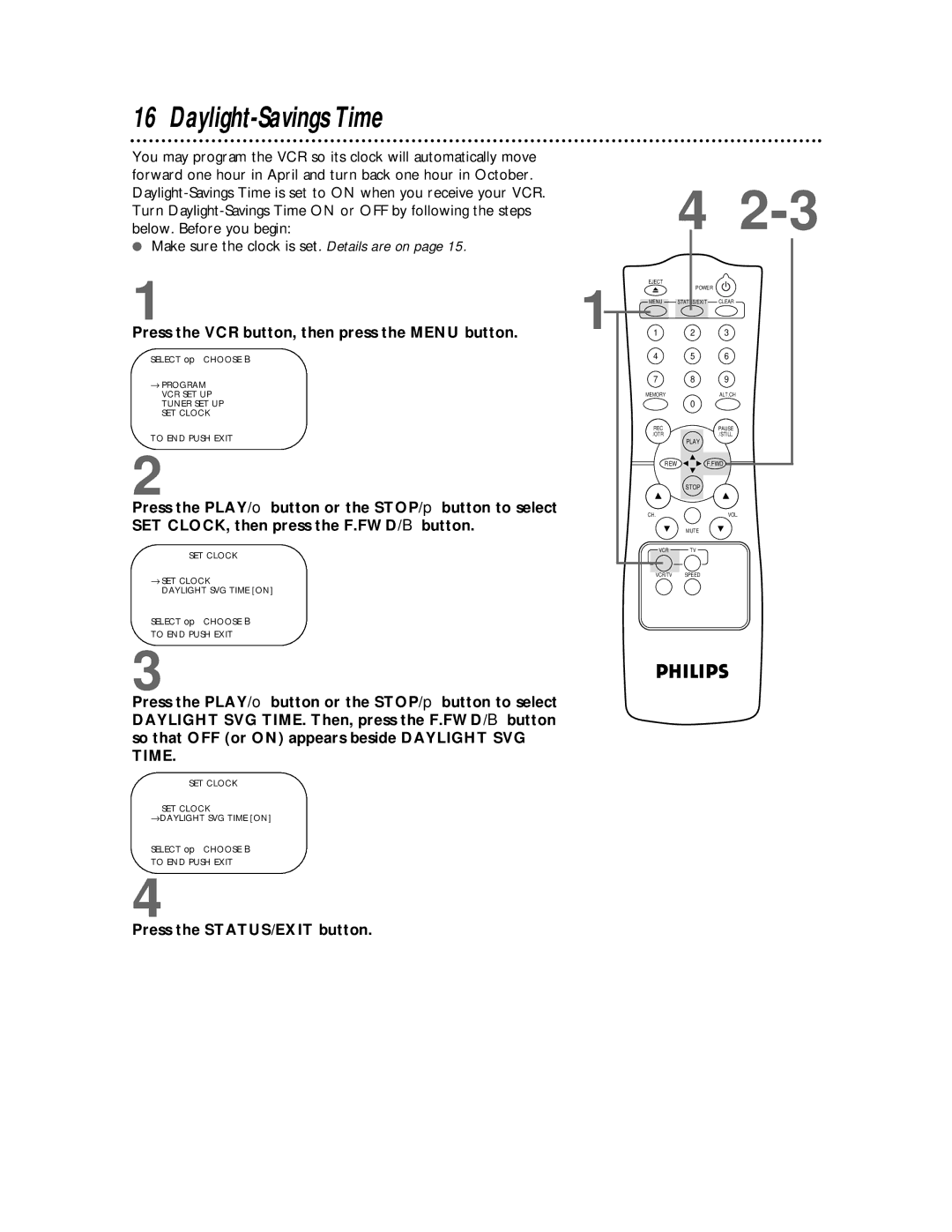 Philips VR220CAT owner manual Daylight-Savings Time, Press the VCR button, then press the Menu button 