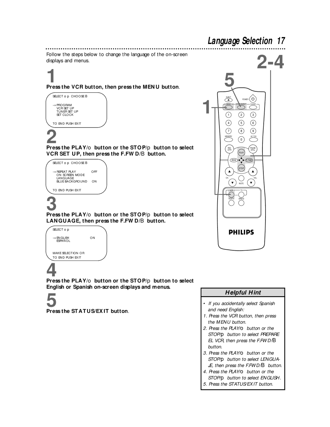 Philips VR220CAT owner manual Language Selection, Press the VCR button, then press the Menu button 