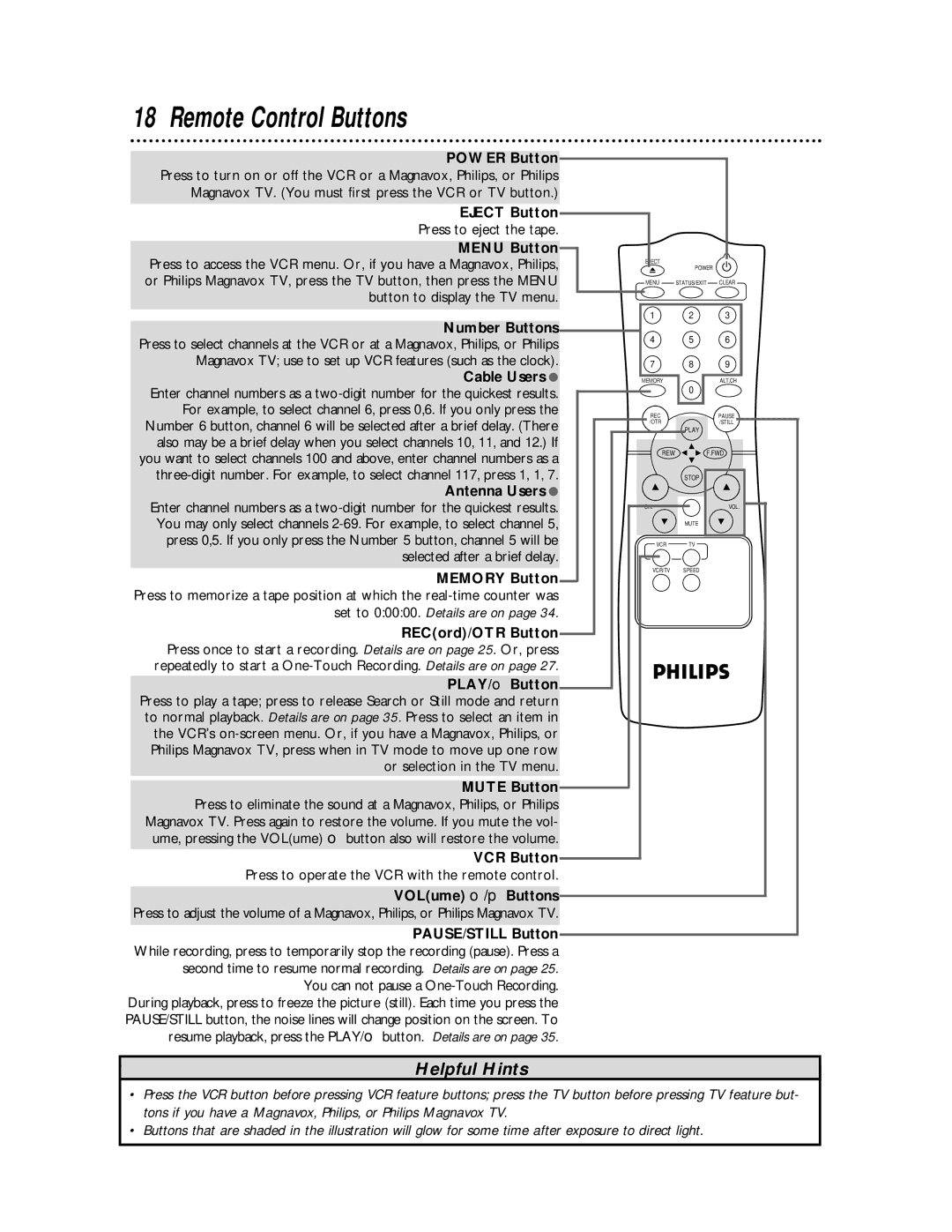 Philips VR220CAT owner manual Remote Control Buttons 