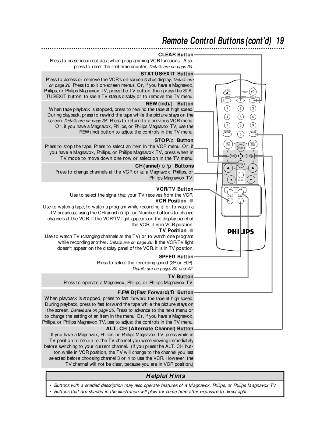 Philips VR220CAT owner manual Remote Control Buttons cont’d 