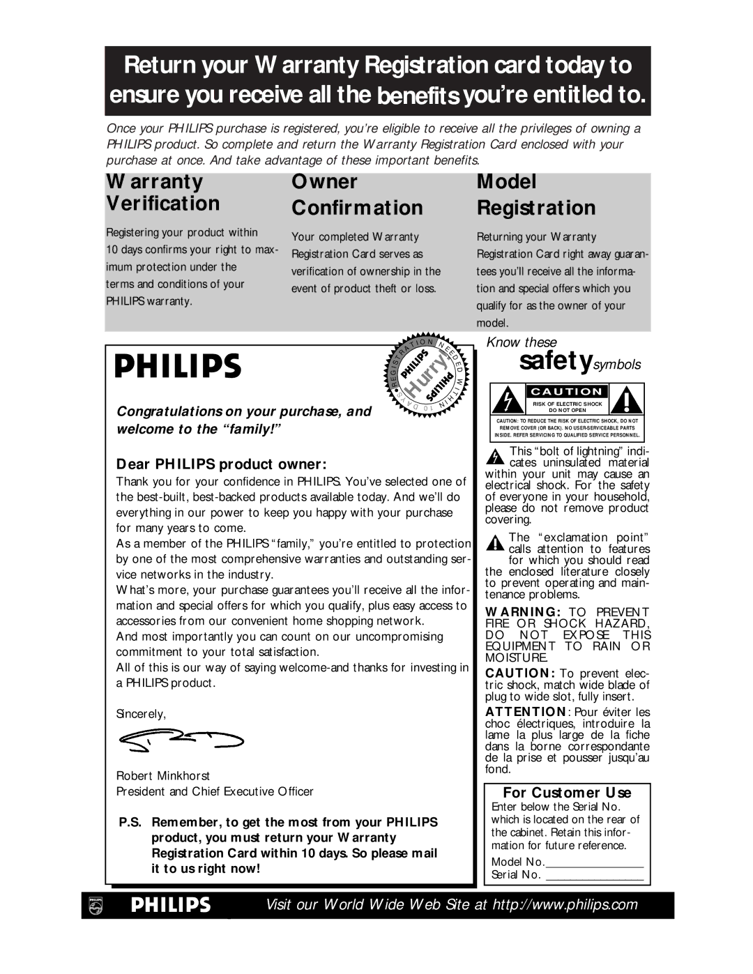 Philips VR220CAT Dear Philips product owner, For Customer Use, This bolt of lightning indi- cates uninsulated material 