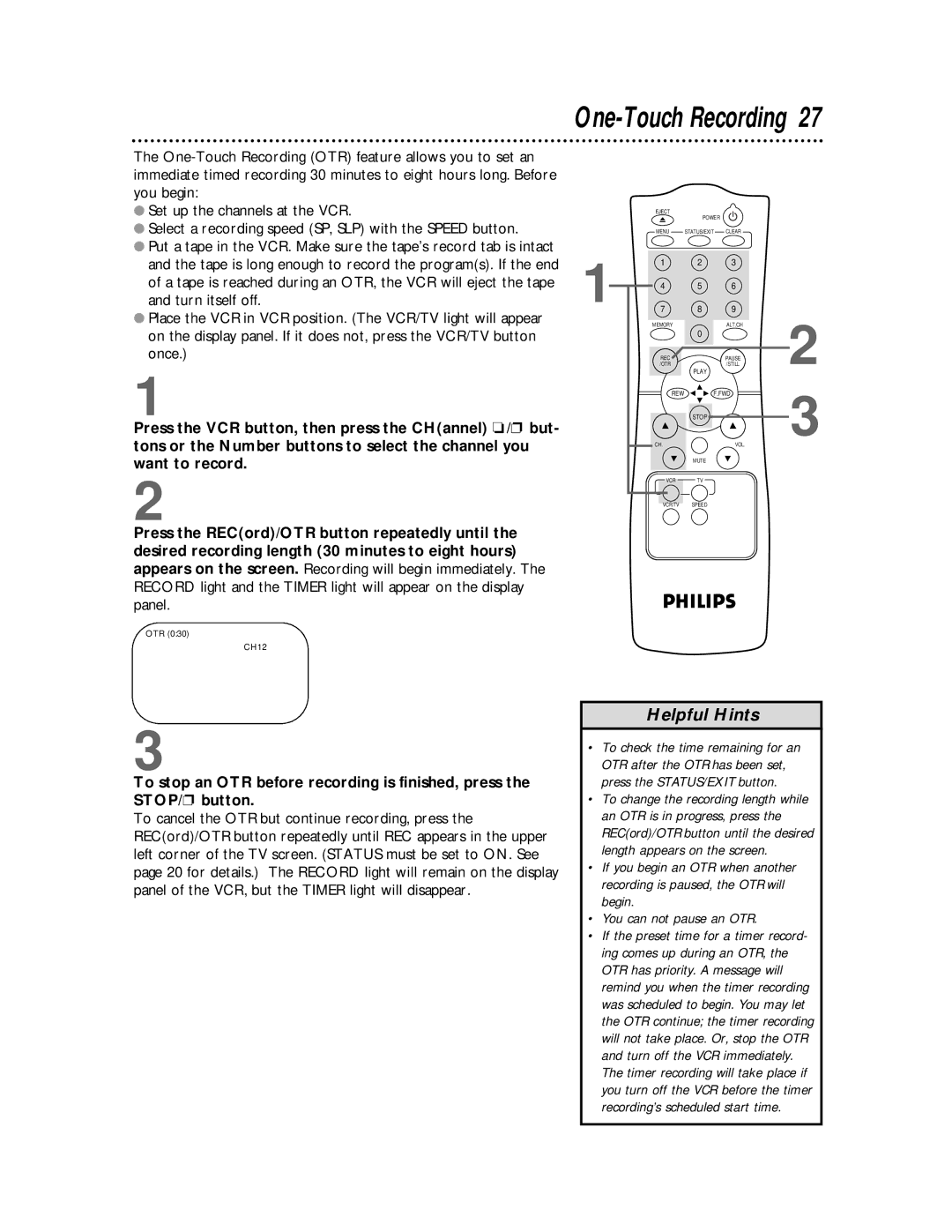 Philips VR220CAT owner manual One-Touch Recording 