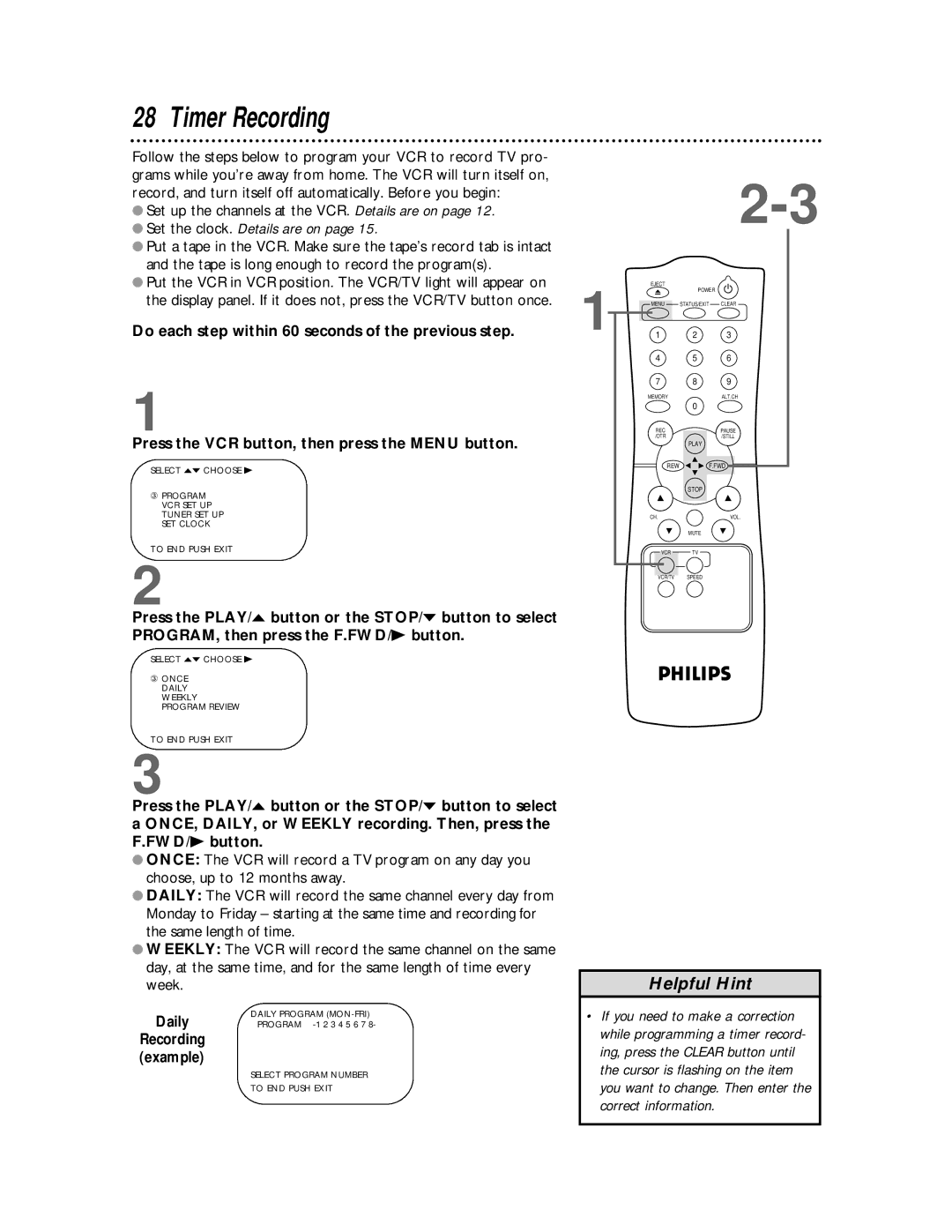 Philips VR220CAT owner manual Timer Recording, Set the clock. Details are on 